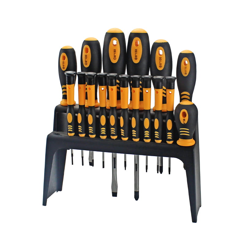 Set de șurubelnițe CRV cu raft din plastic și ambalaj dublu blister pentru 18 buc